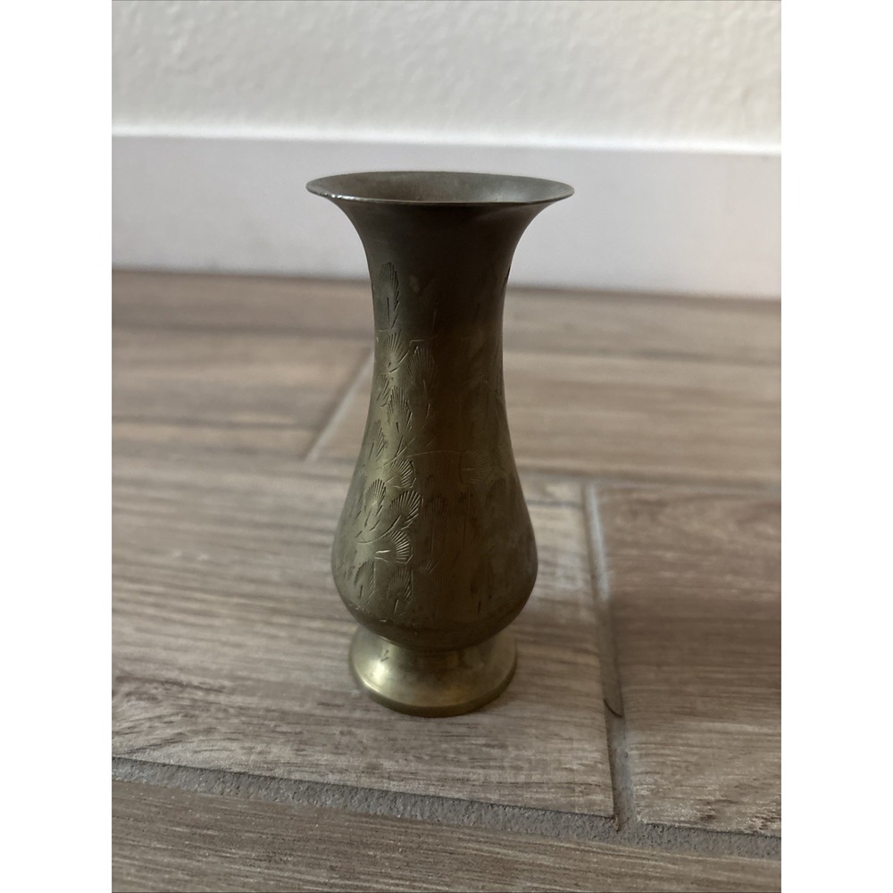 Vintage 5.5 Inch Etched Brass Vase Floral Pattern Decorative Metal Bud Vase